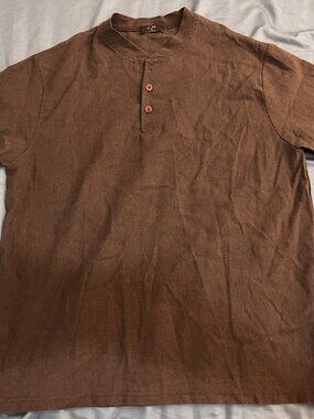 CM Men's Brown Linen Blend Henley Shirt L size (Korea Size -US S-M)